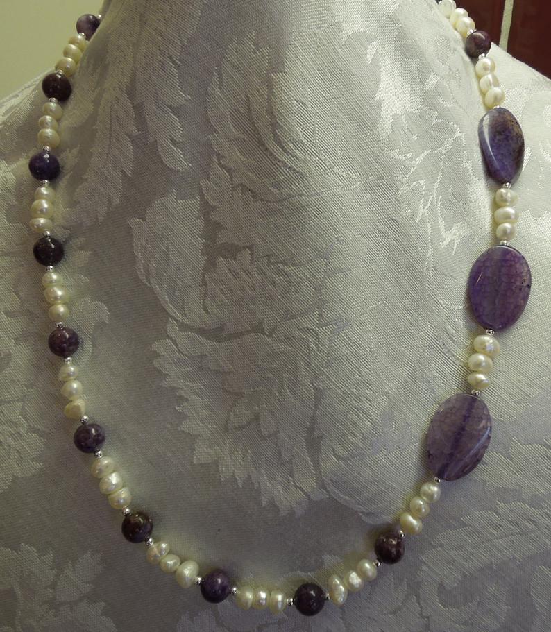 Amethyst Fire Agate and Pearls Necklace